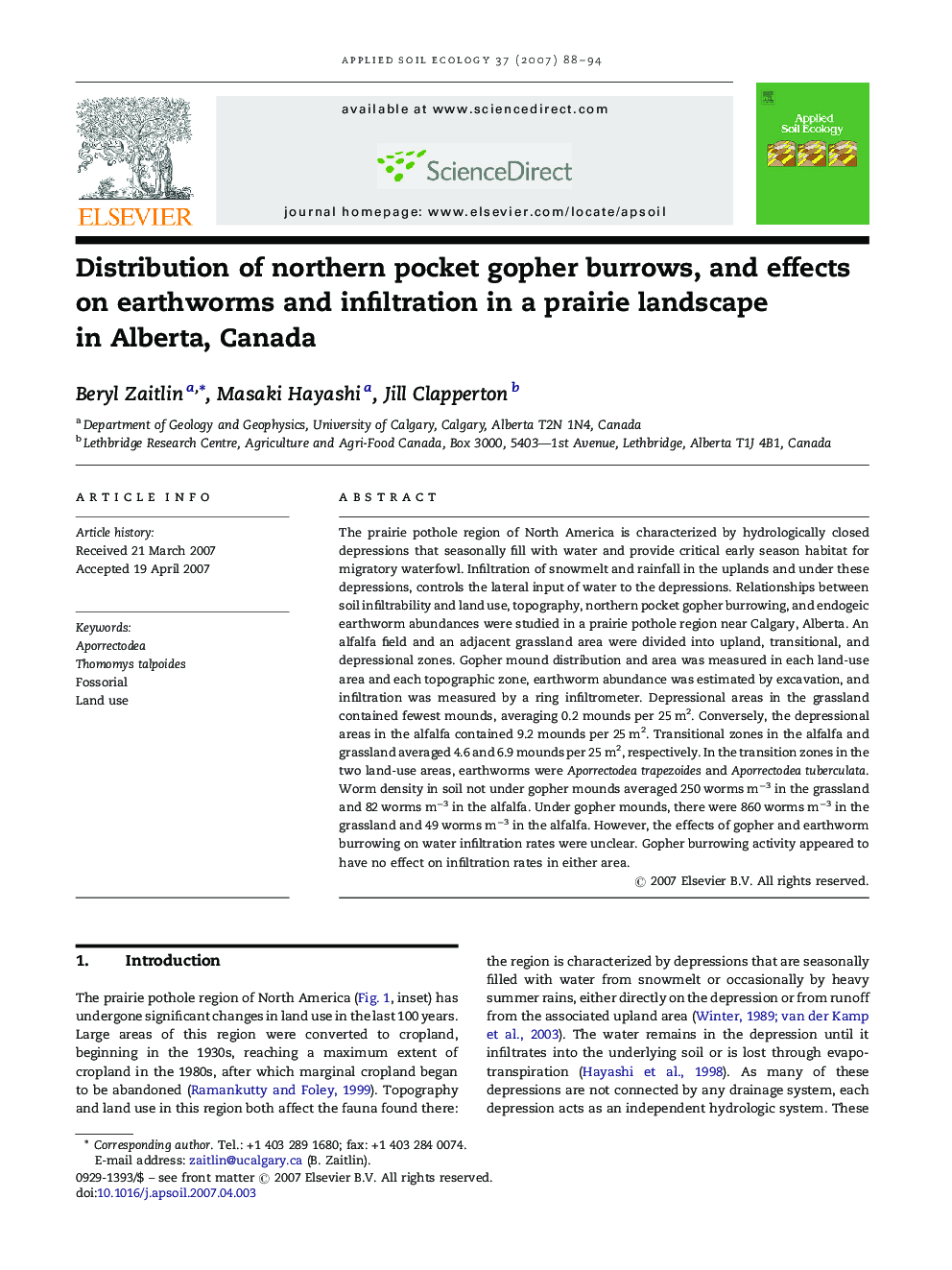 Distribution of northern pocket gopher burrows, and effects on earthworms and infiltration in a prairie landscape in Alberta, Canada