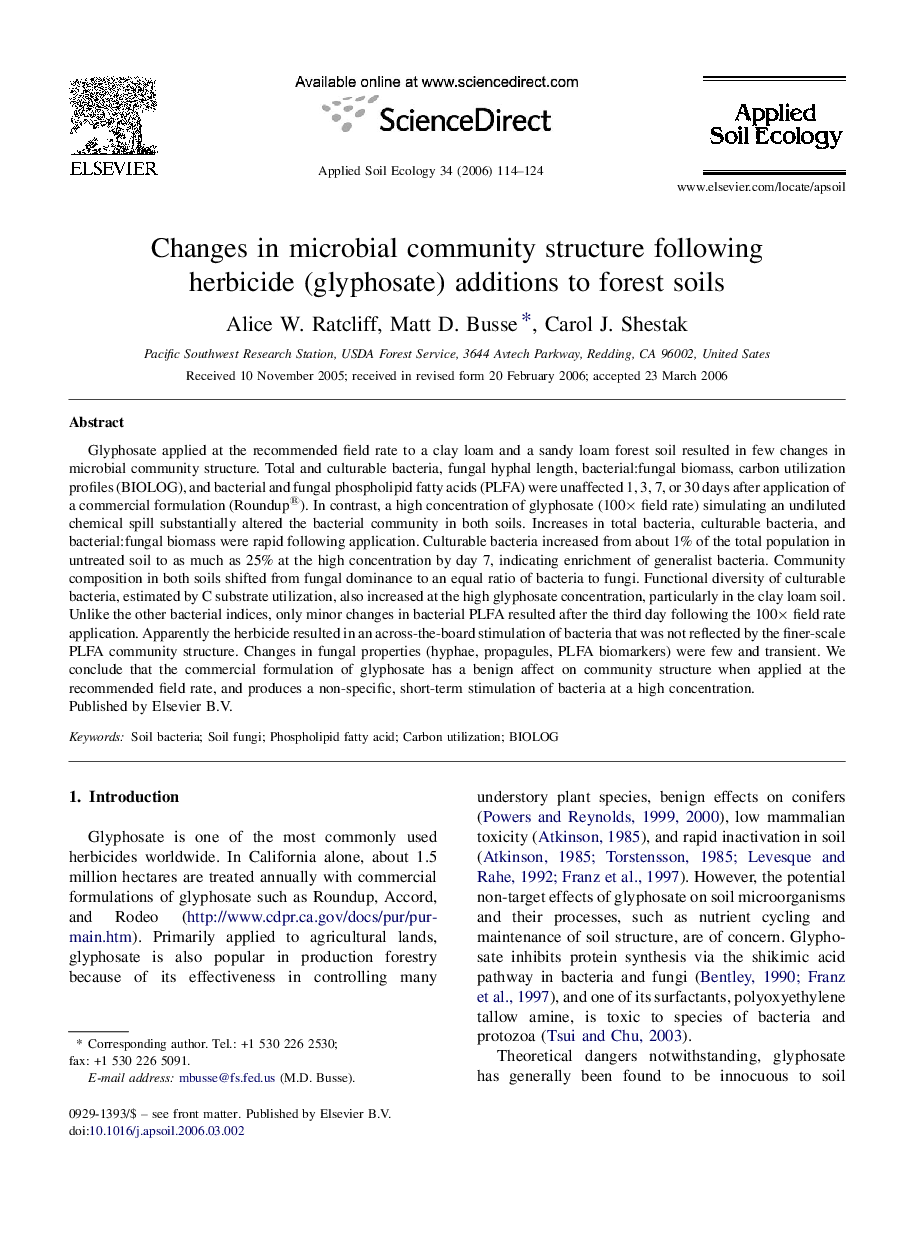 Changes in microbial community structure following herbicide (glyphosate) additions to forest soils