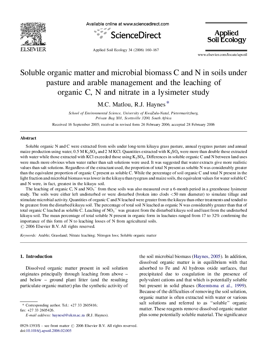 عکس صفحه اول مقاله: Soluble organic matter and microbial biomass C and N in soils under pasture and arable management and the leaching of organic C, N and nitrate in a lysimeter study Soluble organic matter and microbial biomass C and N in soils under pasture and arable management and the leaching of organic C, N and nitrate in a lysimeter study
