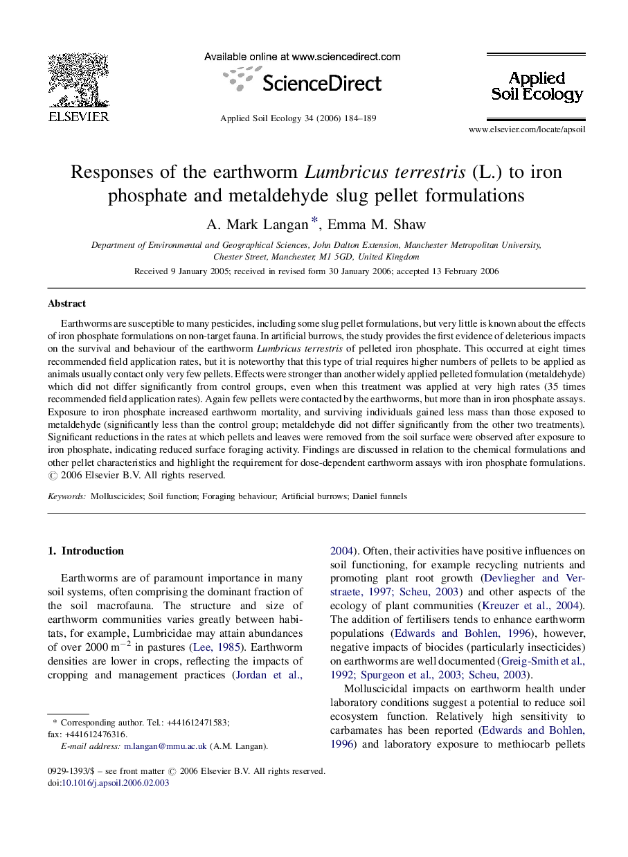 Responses of the earthworm Lumbricus terrestris (L.) to iron phosphate and metaldehyde slug pellet formulations