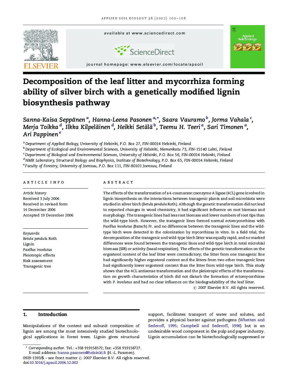 Decomposition of the leaf litter and mycorrhiza forming ability of silver birch with a genetically modified lignin biosynthesis pathway