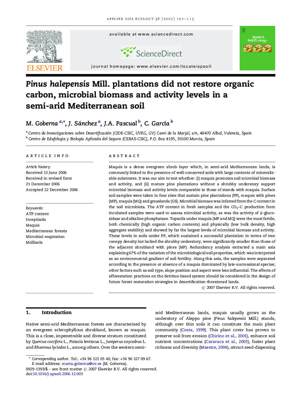 Pinus halepensis Mill. plantations did not restore organic carbon, microbial biomass and activity levels in a semi-arid Mediterranean soil