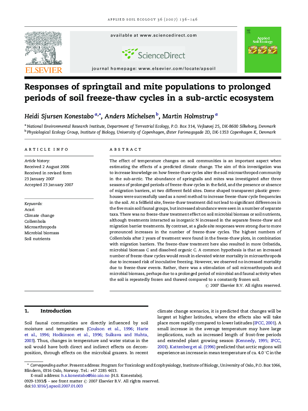 Responses of springtail and mite populations to prolonged periods of soil freeze-thaw cycles in a sub-arctic ecosystem