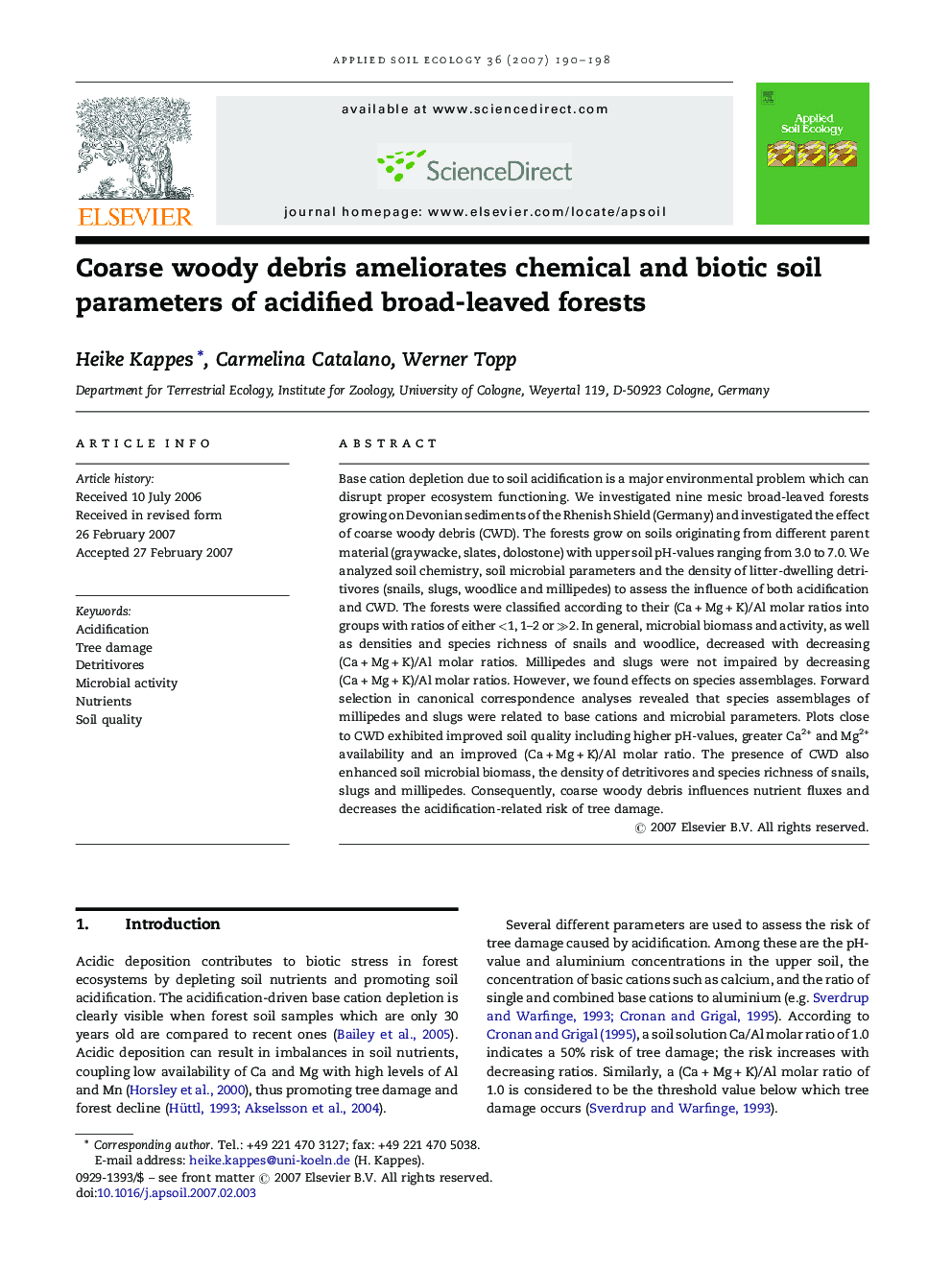 Coarse woody debris ameliorates chemical and biotic soil parameters of acidified broad-leaved forests