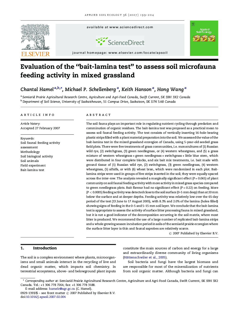 Evaluation of the “bait-lamina test” to assess soil microfauna feeding activity in mixed grassland