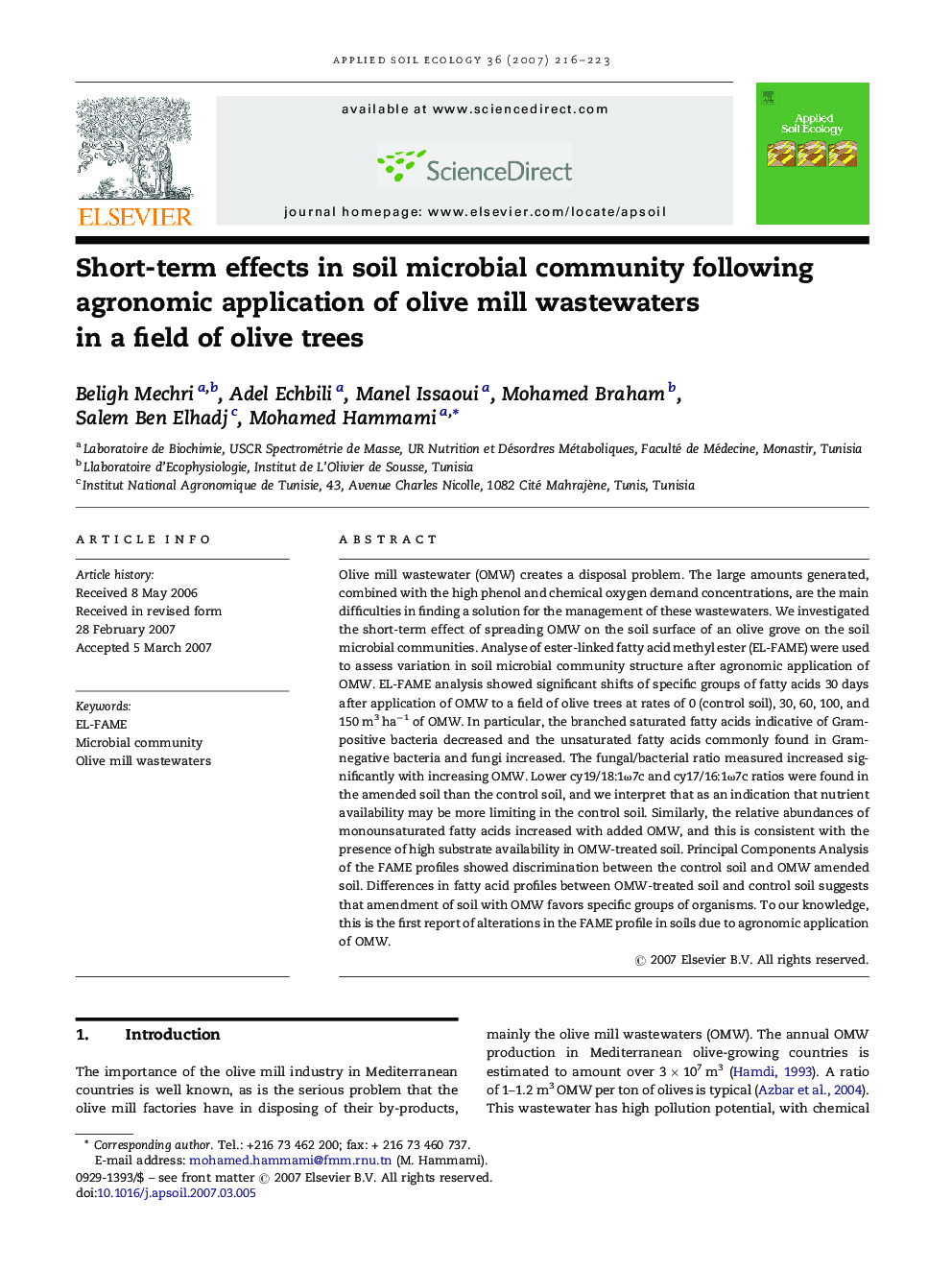 Short-term effects in soil microbial community following agronomic application of olive mill wastewaters in a field of olive trees