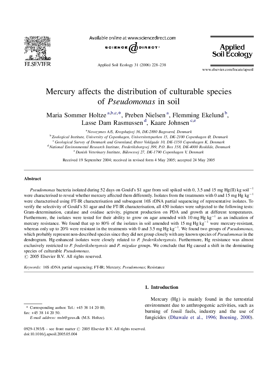 Mercury affects the distribution of culturable species of Pseudomonas in soil