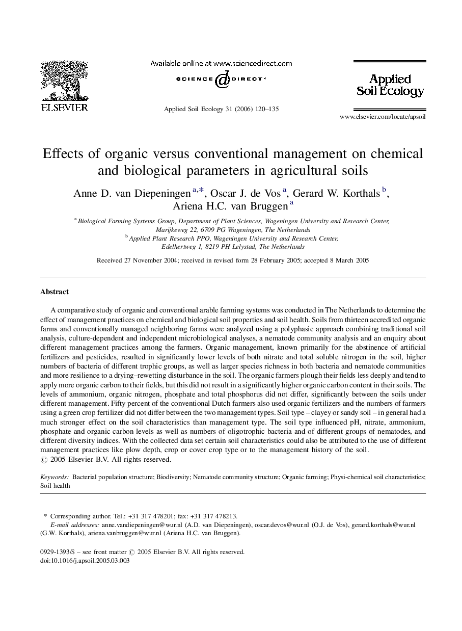 Effects of organic versus conventional management on chemical and biological parameters in agricultural soils