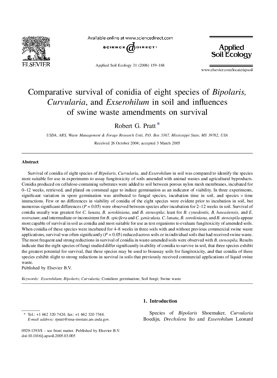 Comparative survival of conidia of eight species of Bipolaris, Curvularia, and Exserohilum in soil and influences of swine waste amendments on survival