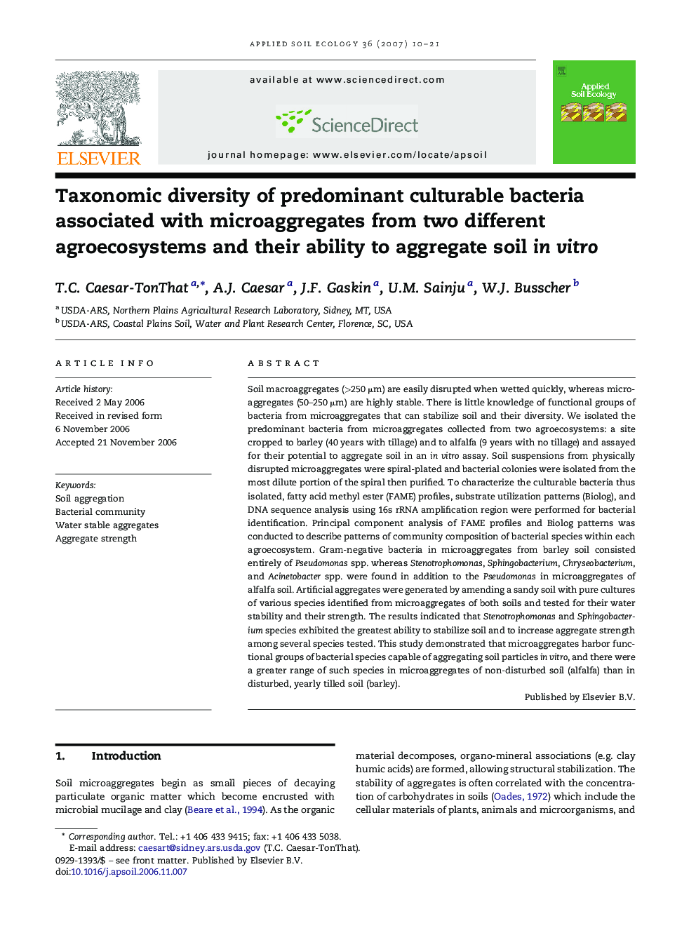 Taxonomic diversity of predominant culturable bacteria associated with microaggregates from two different agroecosystems and their ability to aggregate soil in vitro