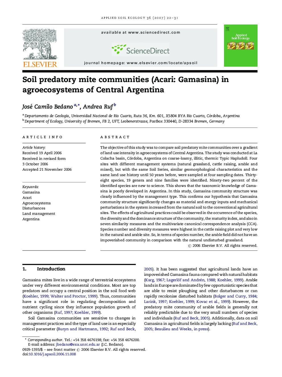 Soil predatory mite communities (Acari: Gamasina) in agroecosystems of Central Argentina