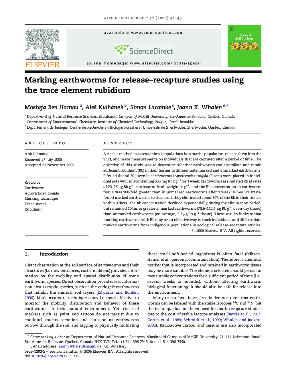 Marking earthworms for release–recapture studies using the trace element rubidium