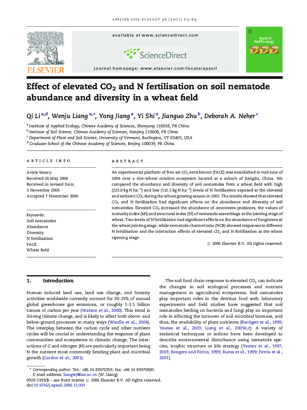 Effect of elevated CO2 and N fertilisation on soil nematode abundance and diversity in a wheat field