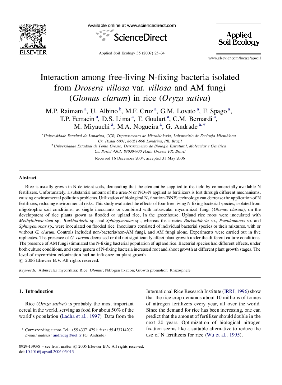 Interaction among free-living N-fixing bacteria isolated from Drosera villosa var. villosa and AM fungi (Glomus clarum) in rice (Oryza sativa)