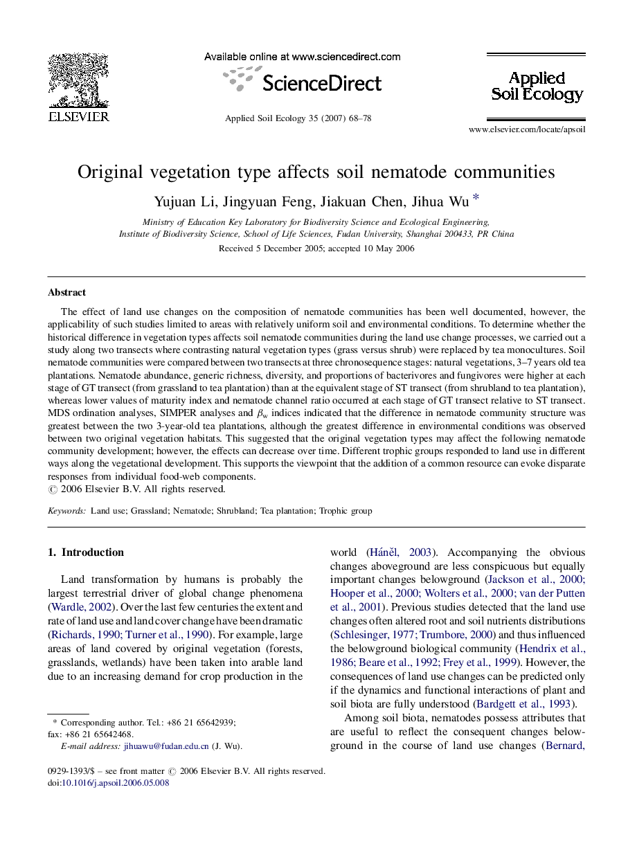 Original vegetation type affects soil nematode communities