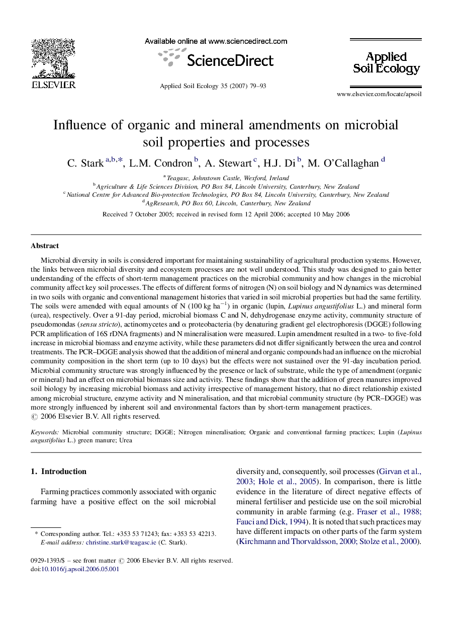 Influence of organic and mineral amendments on microbial soil properties and processes