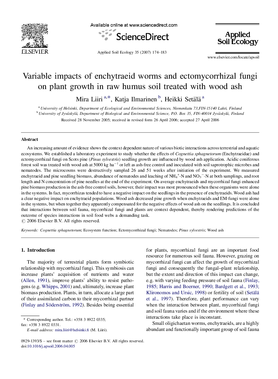 Variable impacts of enchytraeid worms and ectomycorrhizal fungi on plant growth in raw humus soil treated with wood ash