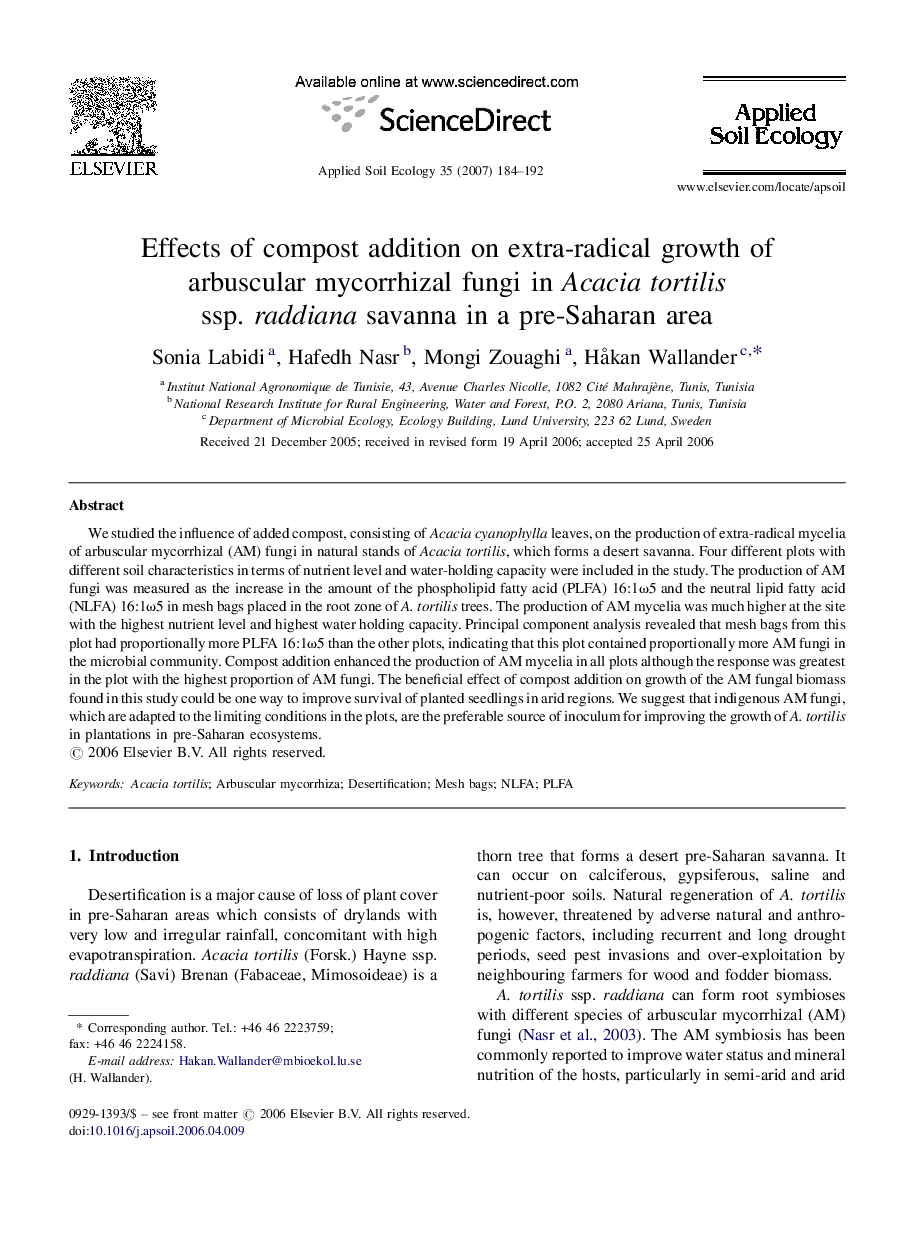 Effects of compost addition on extra-radical growth of arbuscular mycorrhizal fungi in Acacia tortilis ssp. raddiana savanna in a pre-Saharan area