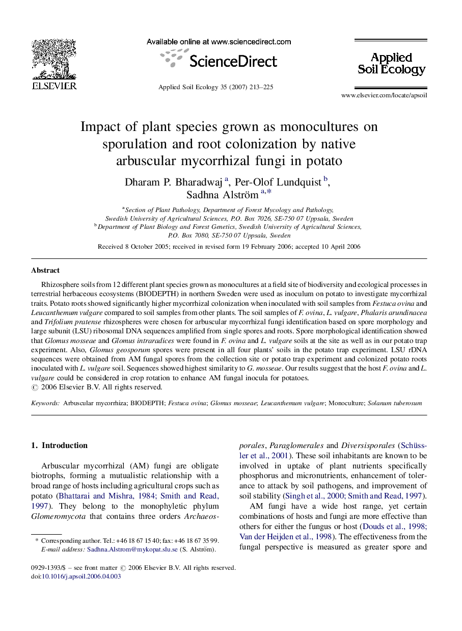 Impact of plant species grown as monocultures on sporulation and root colonization by native arbuscular mycorrhizal fungi in potato