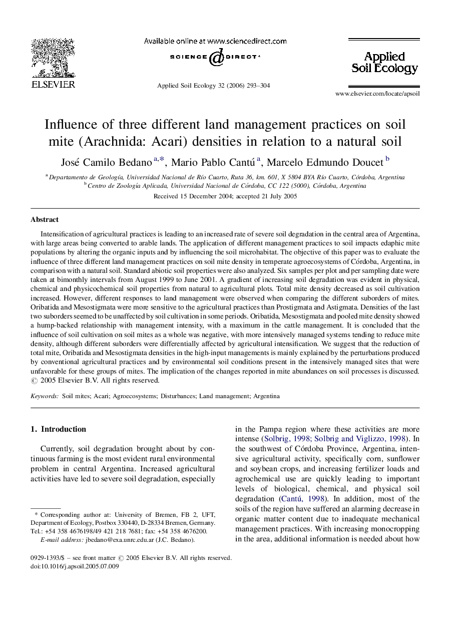 Influence of three different land management practices on soil mite (Arachnida: Acari) densities in relation to a natural soil