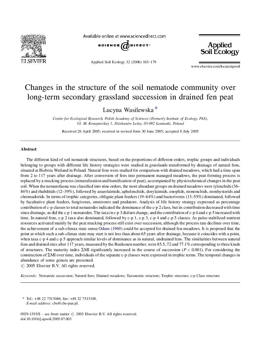 Changes in the structure of the soil nematode community over long-term secondary grassland succession in drained fen peat