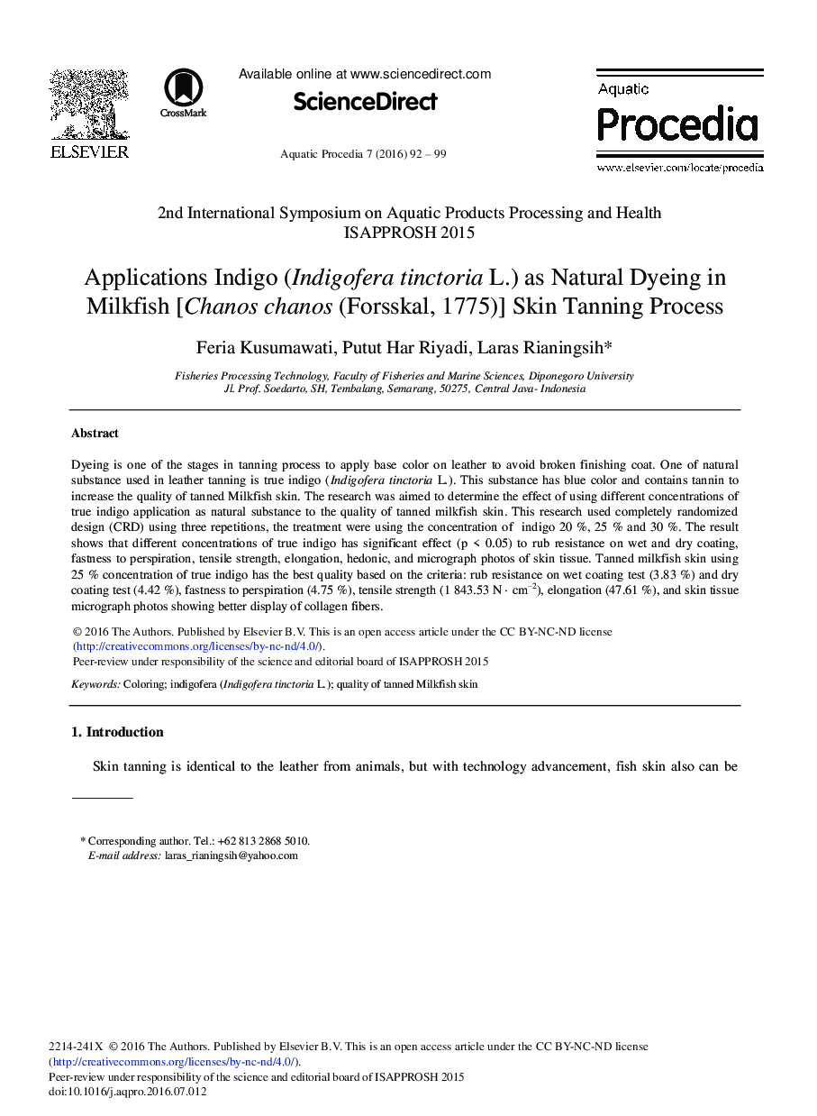 Applications Indigo (Indigofera Tinctoria L.) as Natural Dyeing in Milkfish [Chanos Chanos (Forsskal, 1775)] Skin Tanning Process 