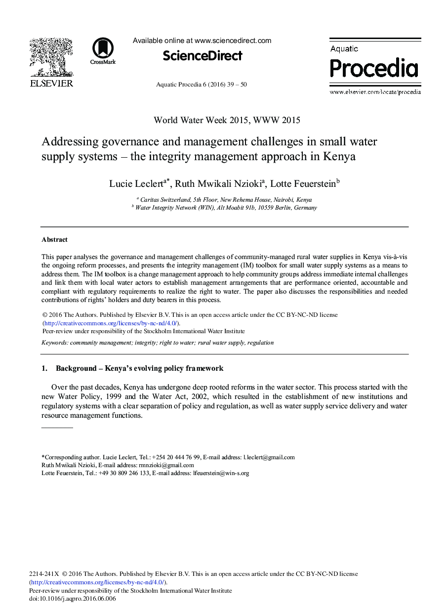 Addressing Governance and Management Challenges in Small Water Supply Systems – The Integrity Management Approach in Kenya 