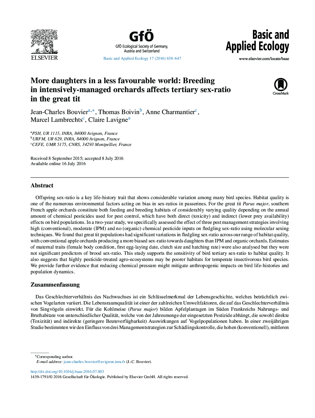 More daughters in a less favourable world: Breeding in intensively-managed orchards affects tertiary sex-ratio in the great tit