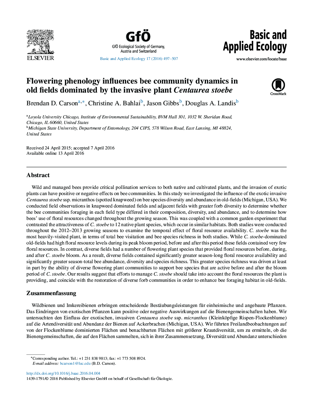 Flowering phenology influences bee community dynamics in old fields dominated by the invasive plant Centaurea stoebe