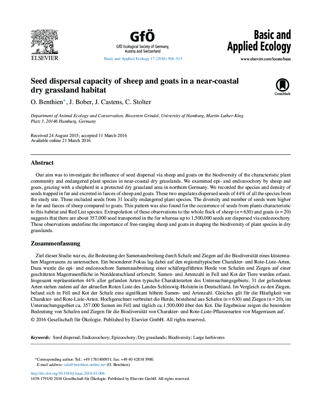 Seed dispersal capacity of sheep and goats in a near-coastal dry grassland habitat