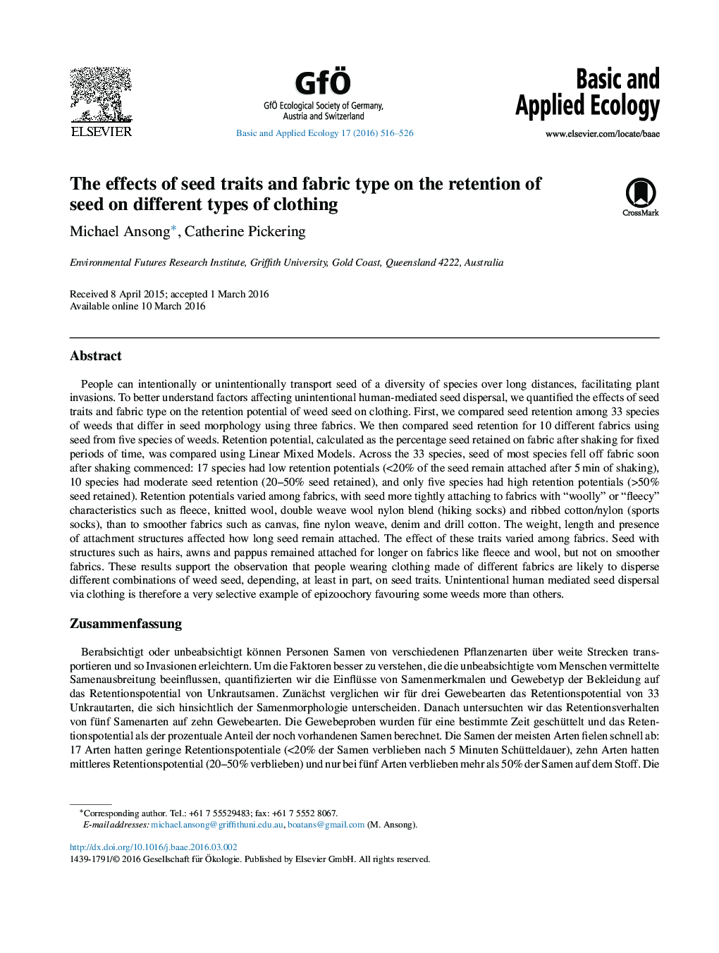 The effects of seed traits and fabric type on the retention of seed on different types of clothing