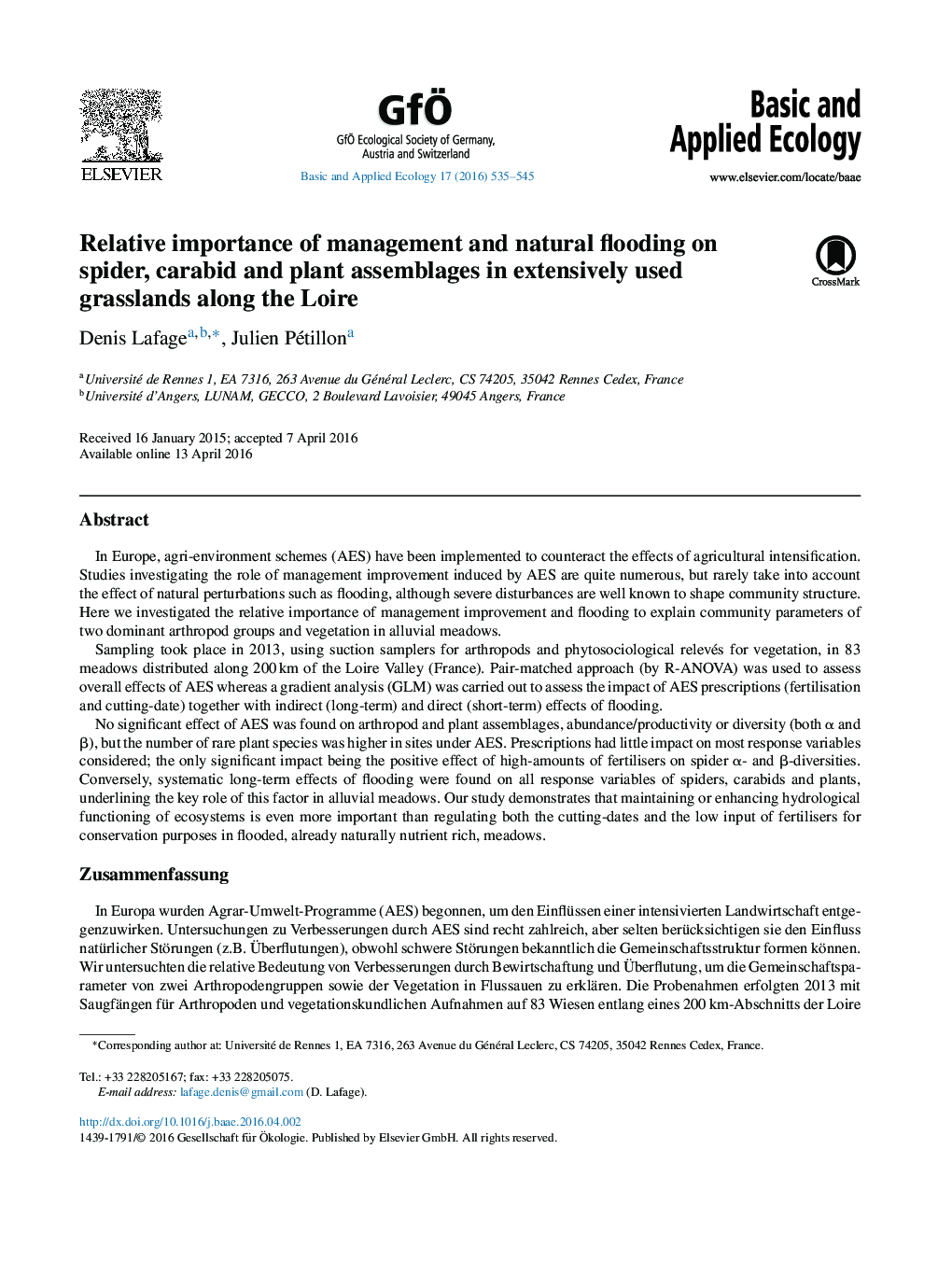 Relative importance of management and natural flooding on spider, carabid and plant assemblages in extensively used grasslands along the Loire