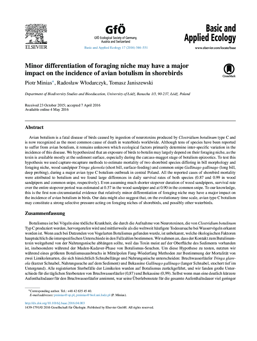 Minor differentiation of foraging niche may have a major impact on the incidence of avian botulism in shorebirds