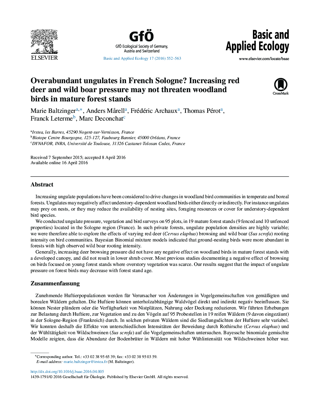 Overabundant ungulates in French Sologne? Increasing red deer and wild boar pressure may not threaten woodland birds in mature forest stands