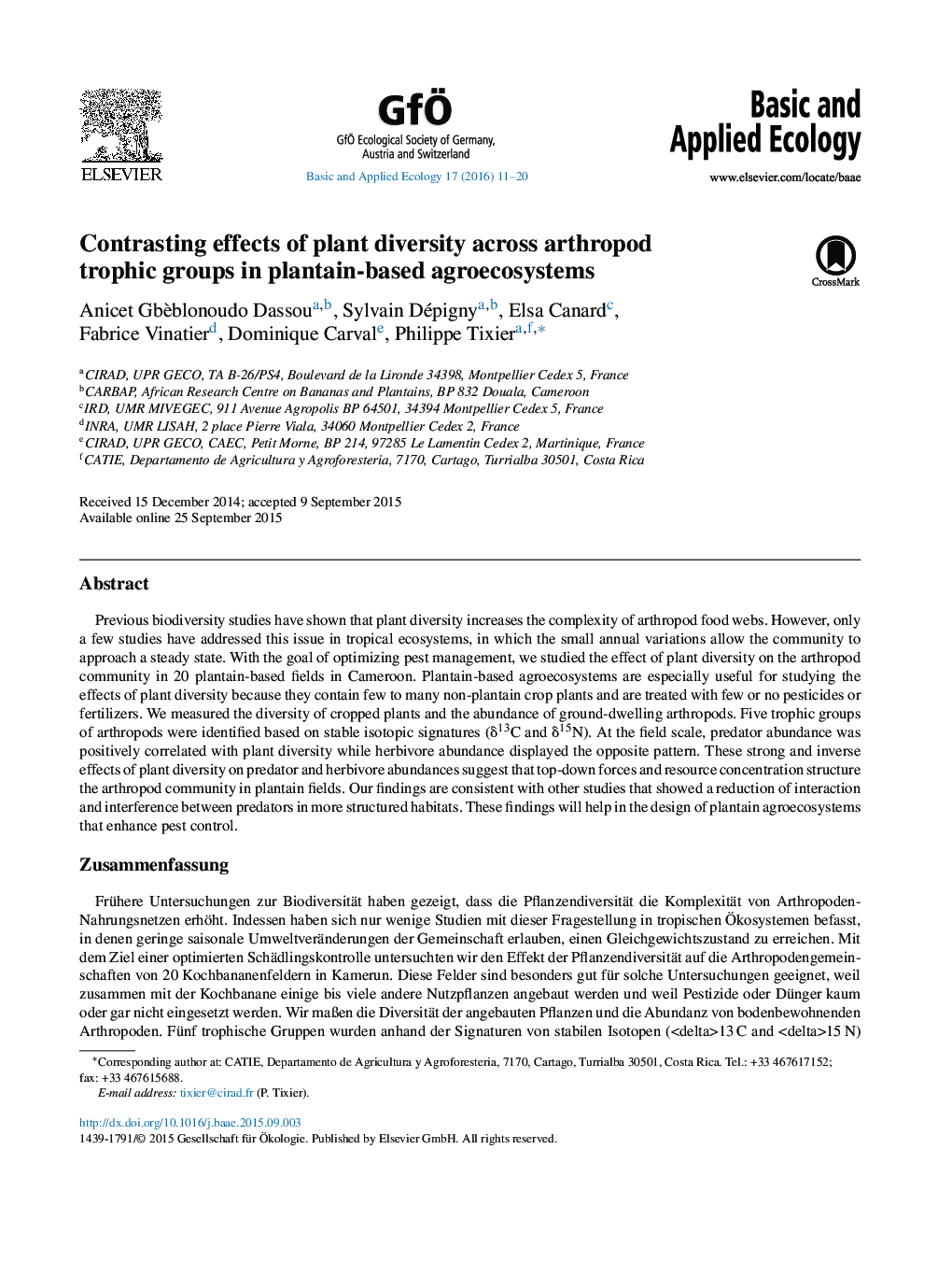 Contrasting effects of plant diversity across arthropod trophic groups in plantain-based agroecosystems