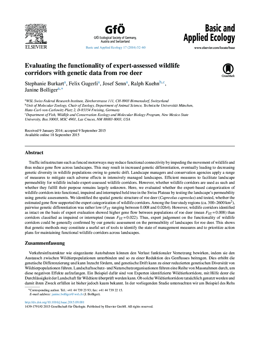 Evaluating the functionality of expert-assessed wildlife corridors with genetic data from roe deer