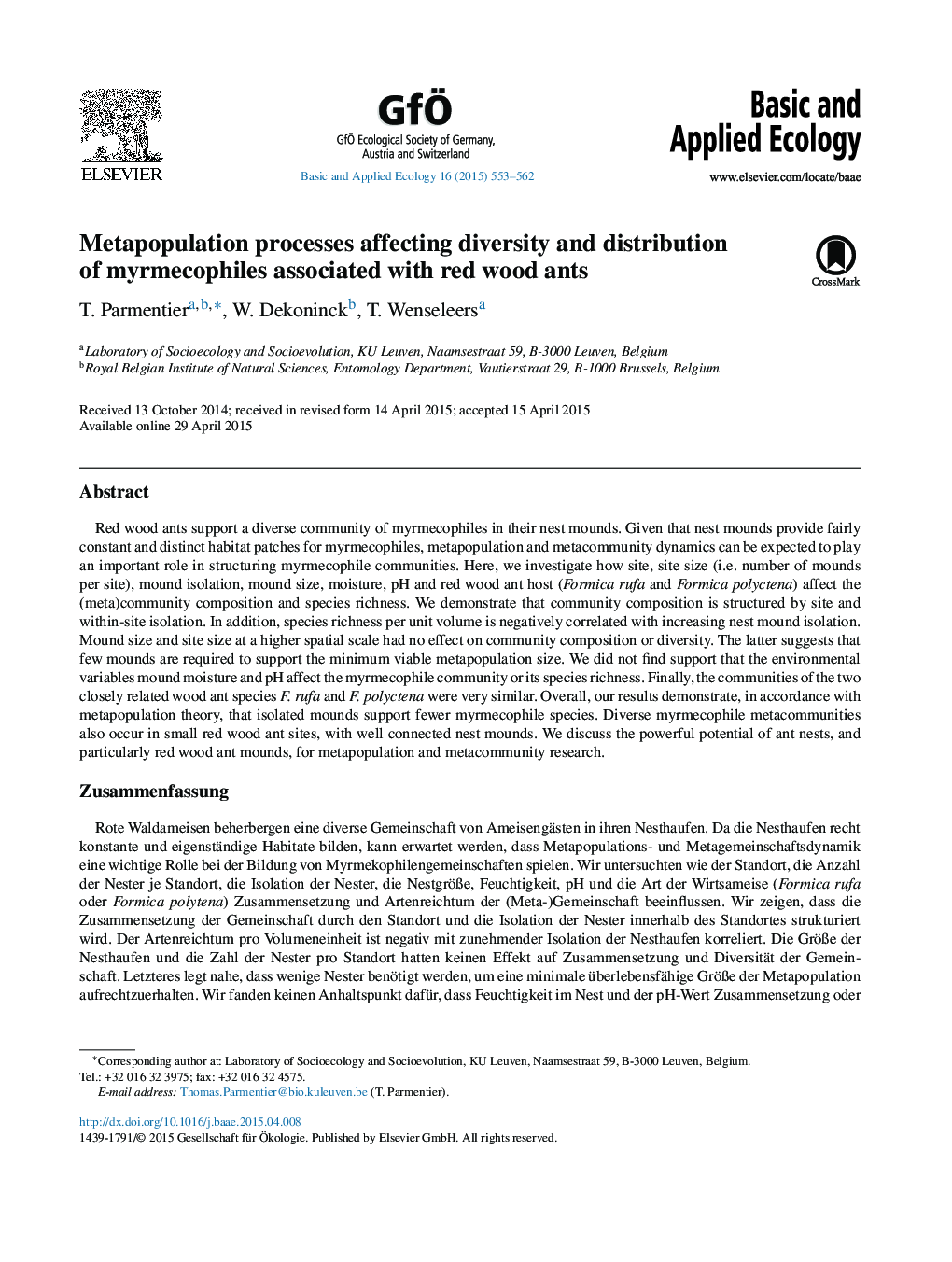 Metapopulation processes affecting diversity and distribution of myrmecophiles associated with red wood ants