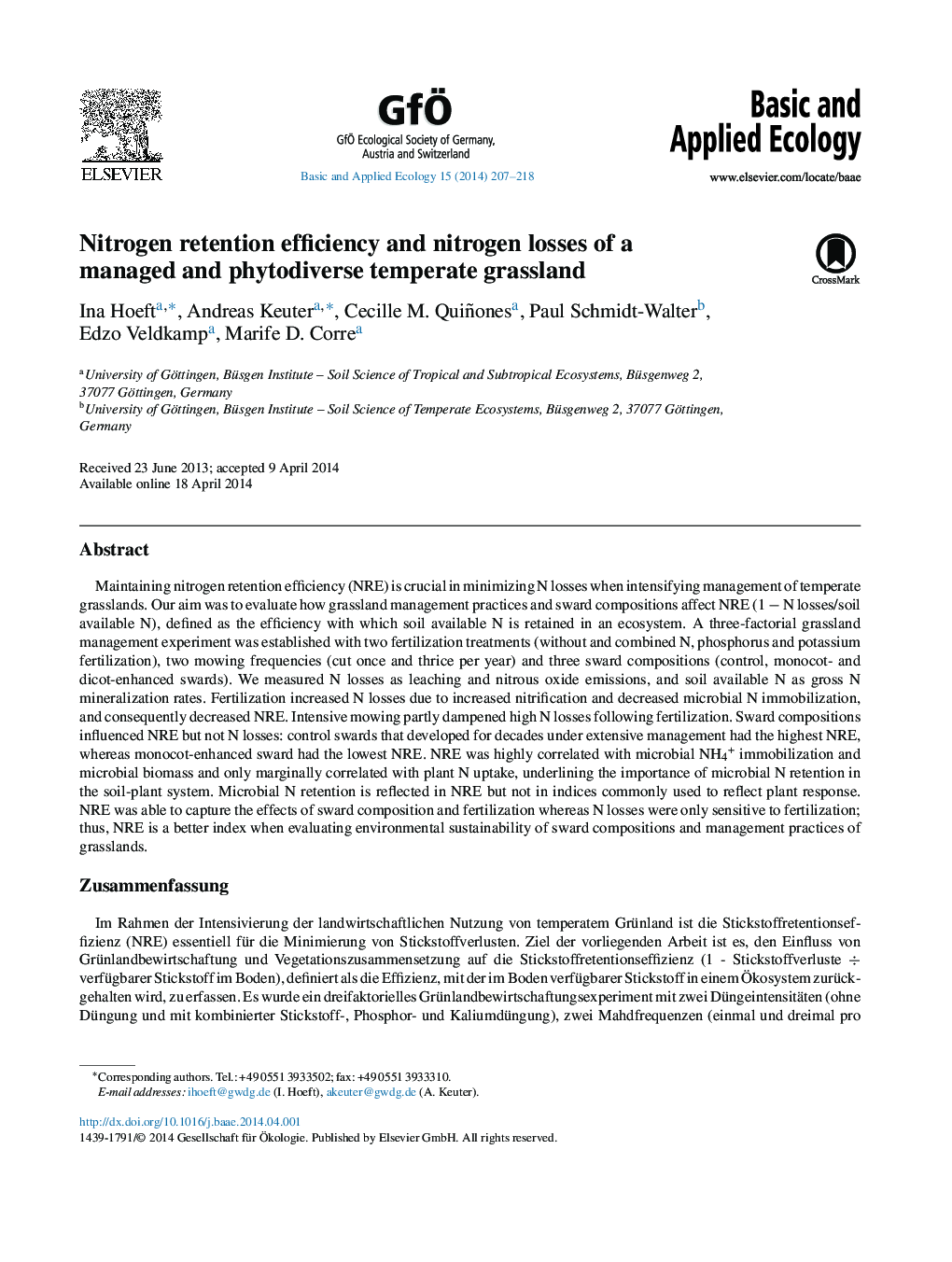 Nitrogen retention efficiency and nitrogen losses of a managed and phytodiverse temperate grassland