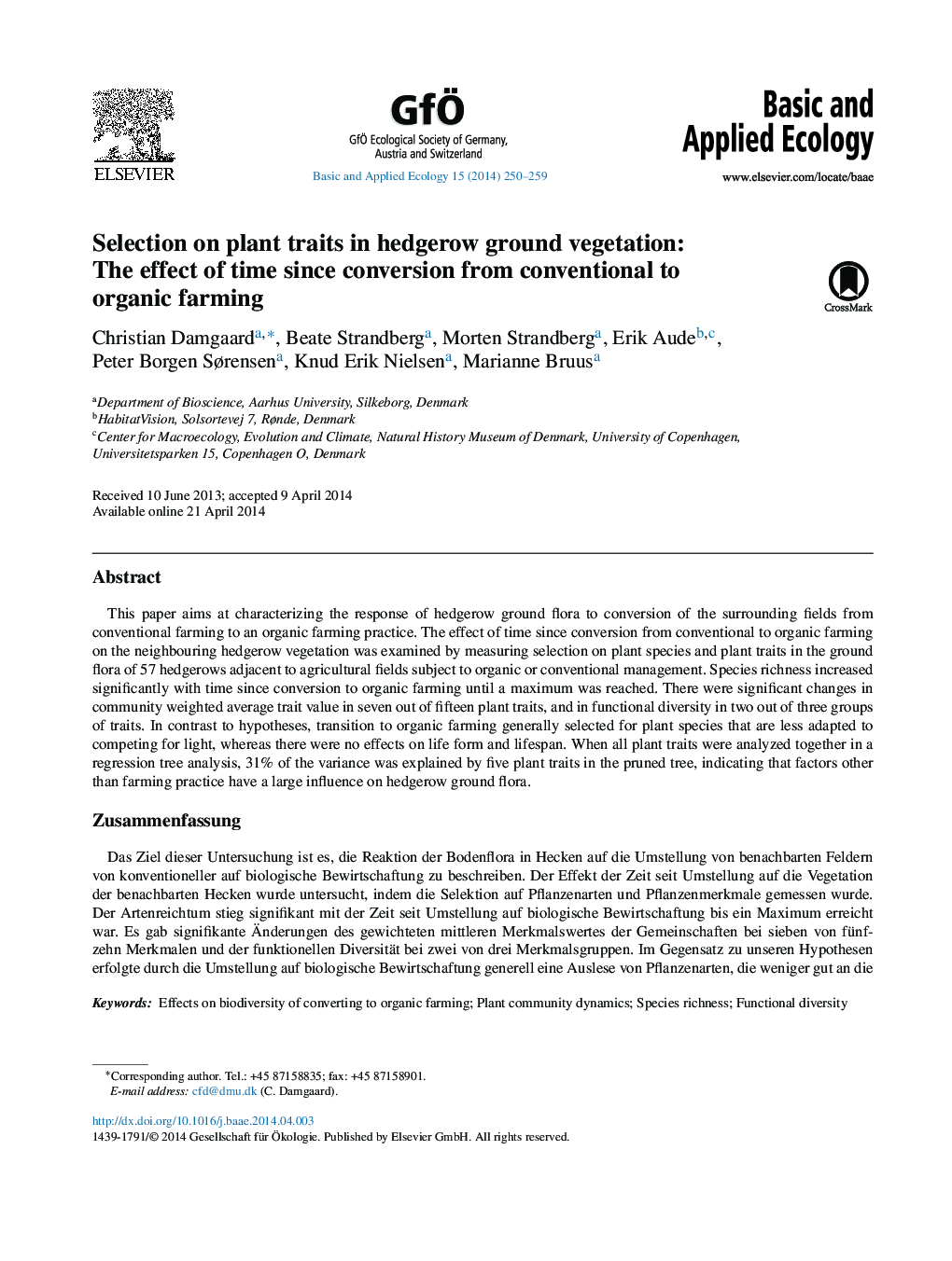 Selection on plant traits in hedgerow ground vegetation: The effect of time since conversion from conventional to organic farming