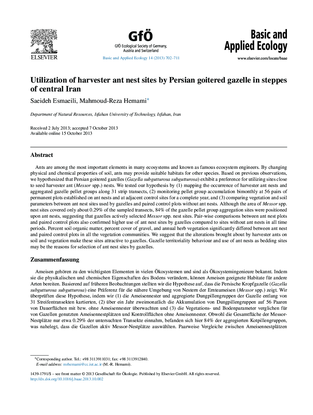 عکس صفحه اول مقاله: Utilization of harvester ant nest sites by Persian goitered gazelle in steppes of central Iran Utilization of harvester ant nest sites by Persian goitered gazelle in steppes of central Iran