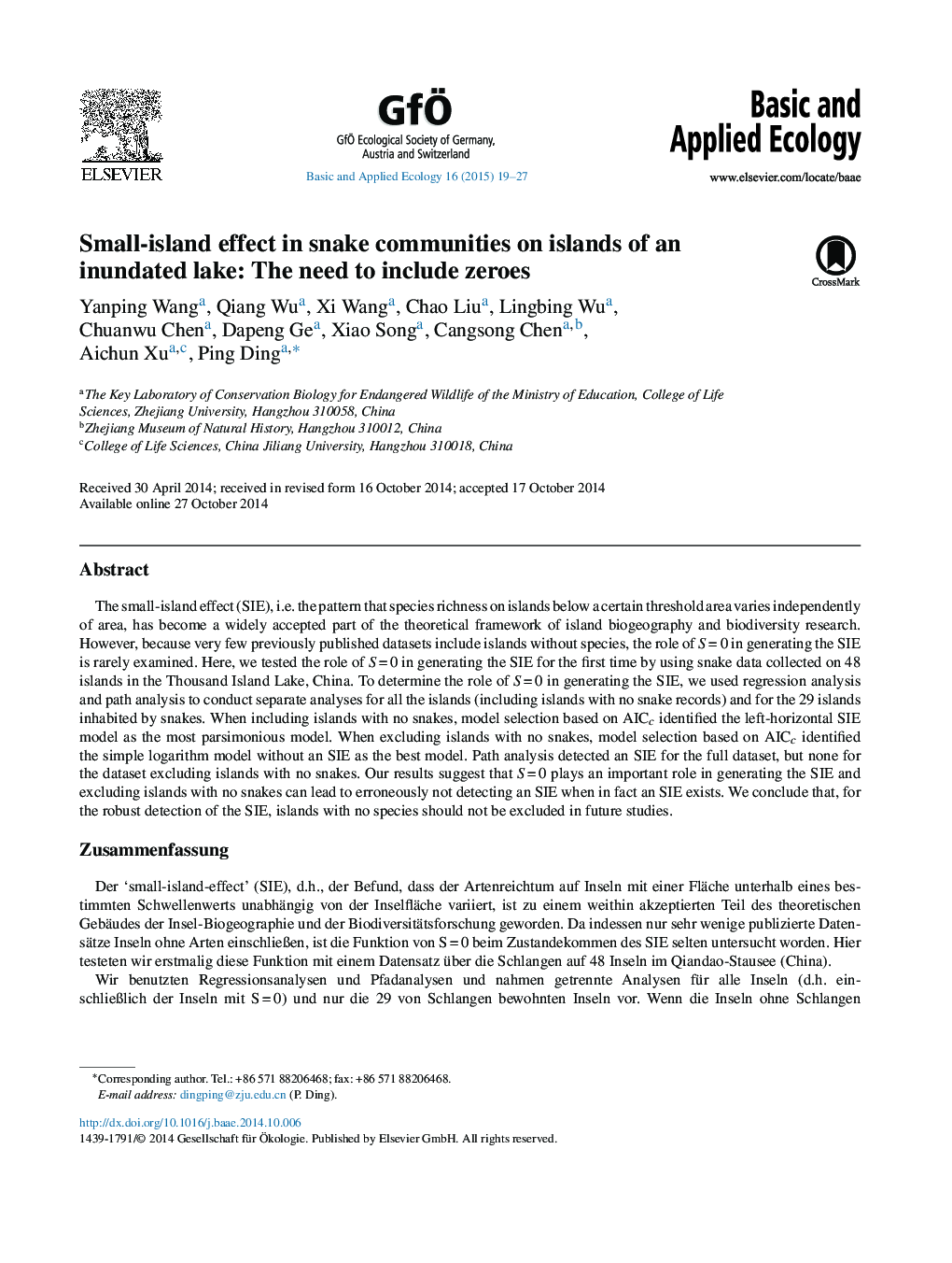 Small-island effect in snake communities on islands of an inundated lake: The need to include zeroes