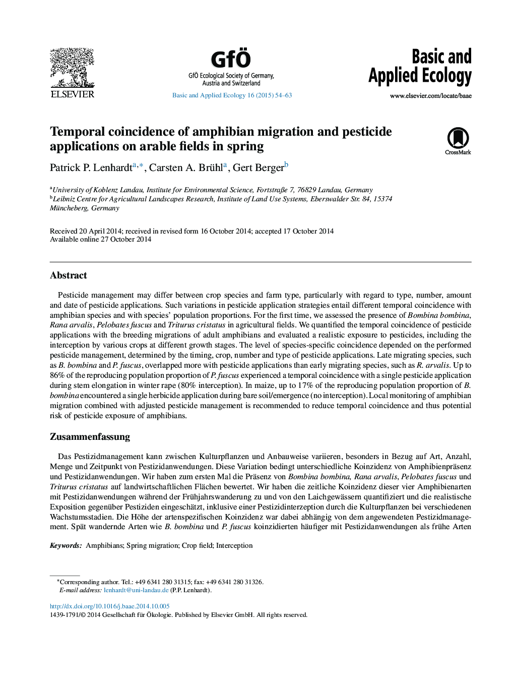 Temporal coincidence of amphibian migration and pesticide applications on arable fields in spring