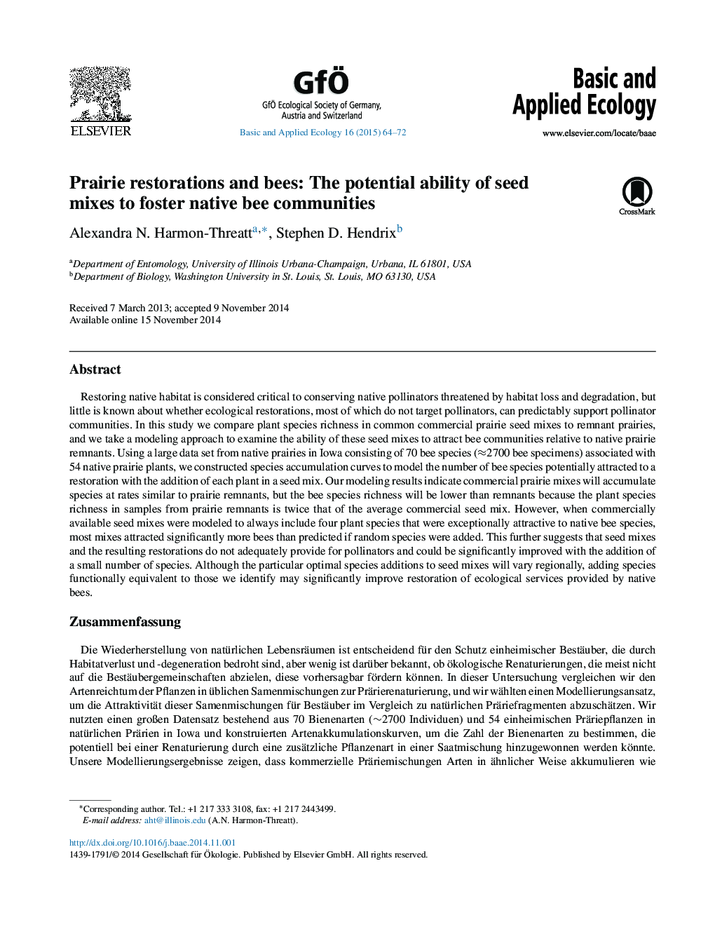 Prairie restorations and bees: The potential ability of seed mixes to foster native bee communities