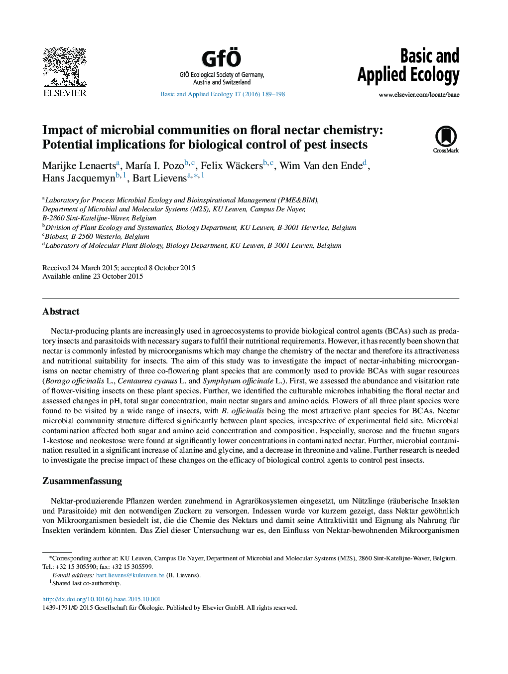 Impact of microbial communities on floral nectar chemistry: Potential implications for biological control of pest insects