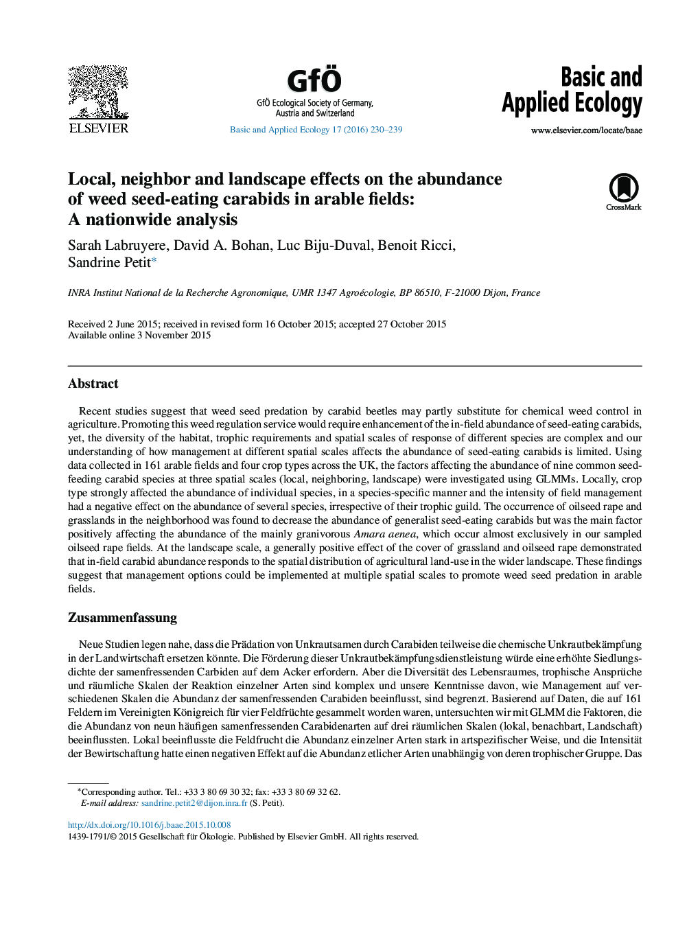 Local, neighbor and landscape effects on the abundance of weed seed-eating carabids in arable fields: A nationwide analysis