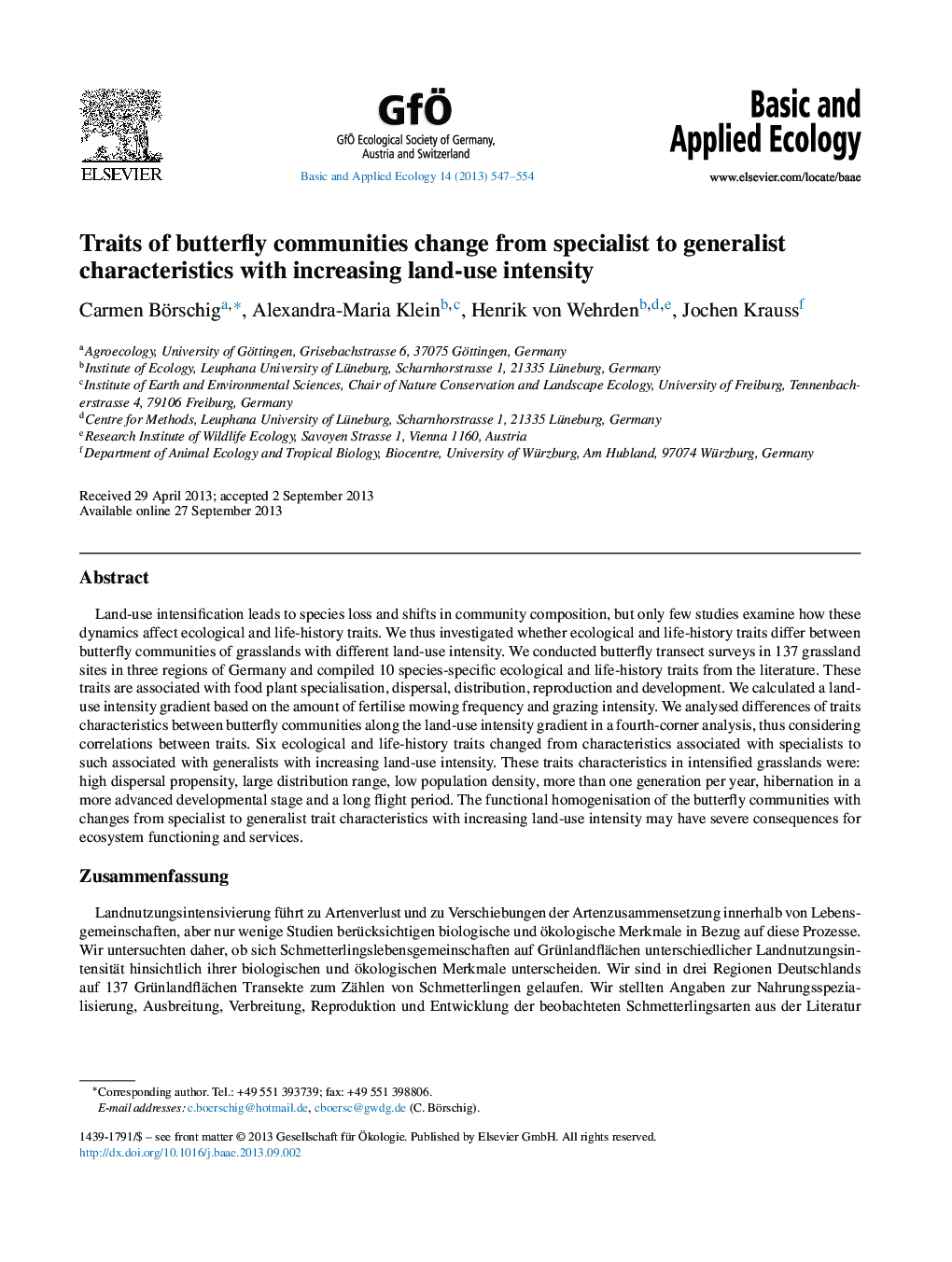 Traits of butterfly communities change from specialist to generalist characteristics with increasing land-use intensity