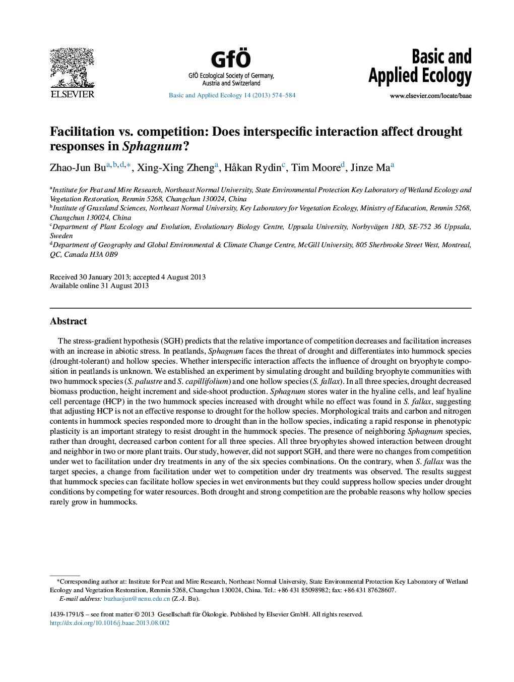 Facilitation vs. competition: Does interspecific interaction affect drought responses in Sphagnum?