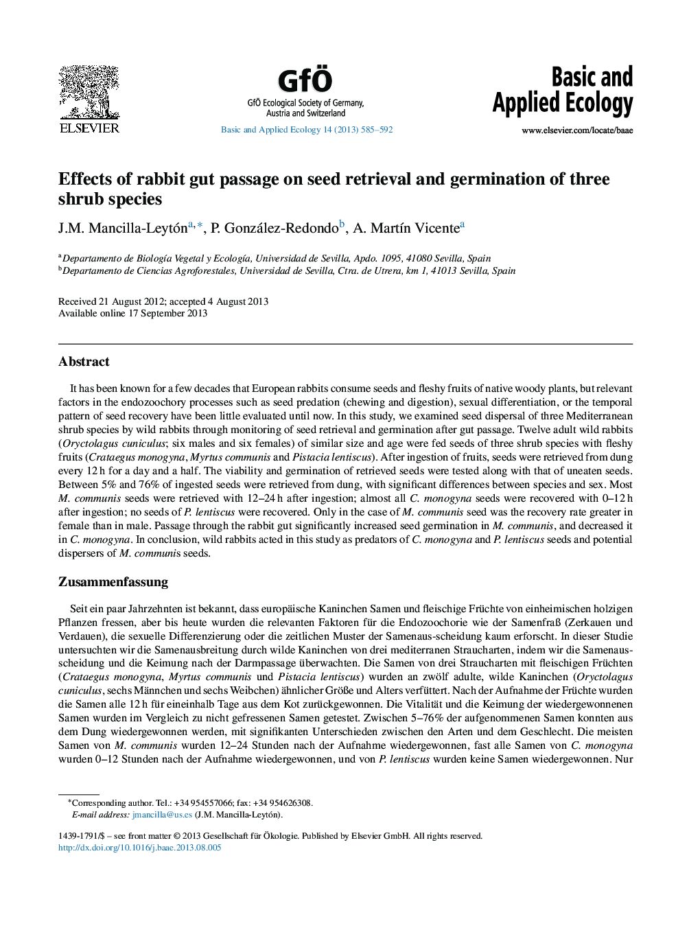 Effects of rabbit gut passage on seed retrieval and germination of three shrub species