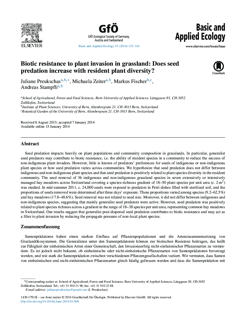 Biotic resistance to plant invasion in grassland: Does seed predation increase with resident plant diversity?