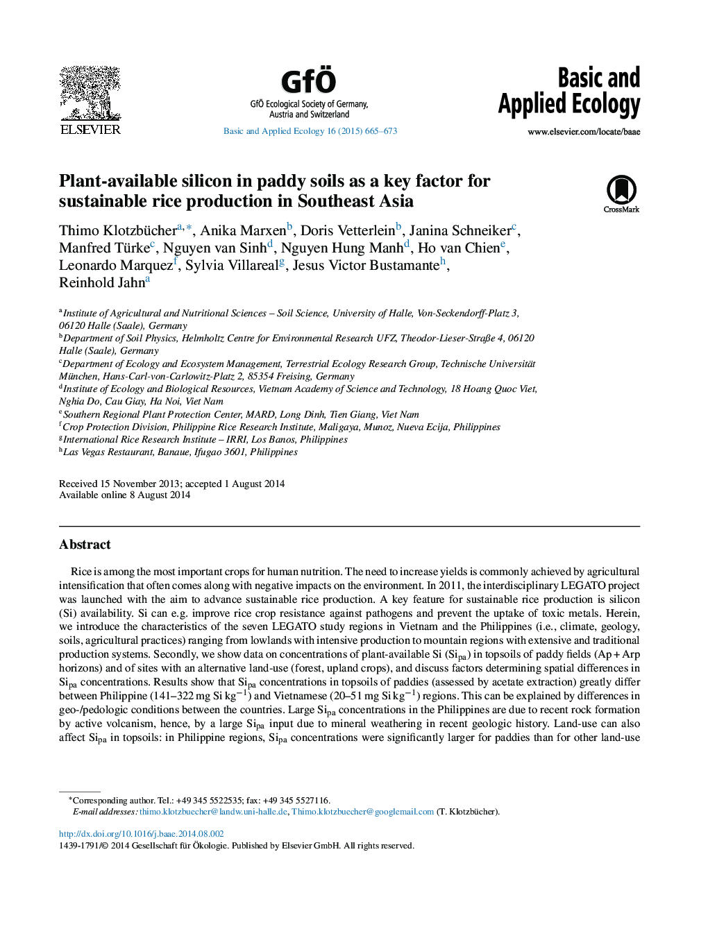 Plant-available silicon in paddy soils as a key factor for sustainable rice production in Southeast Asia